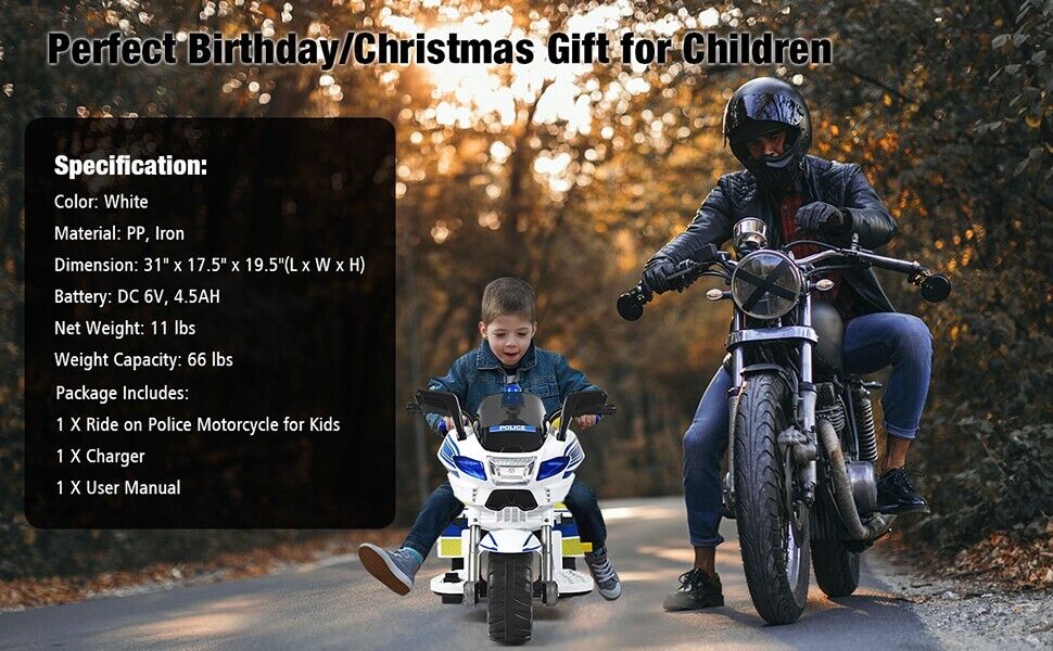 Electric Kids Police Ride On 3 Wheel Motorcycle with MP3 Player - Toddler Car Toy