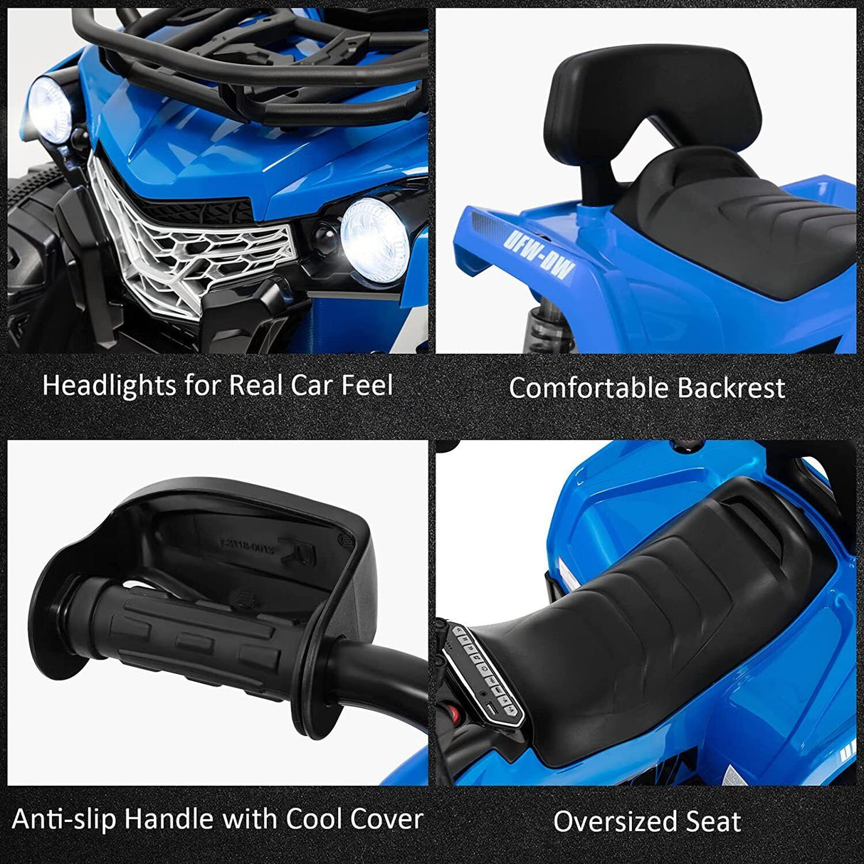 Electric Kids Ride On ATV 4-Wheeler Quad with Music, LED Lights, and USB - Blue