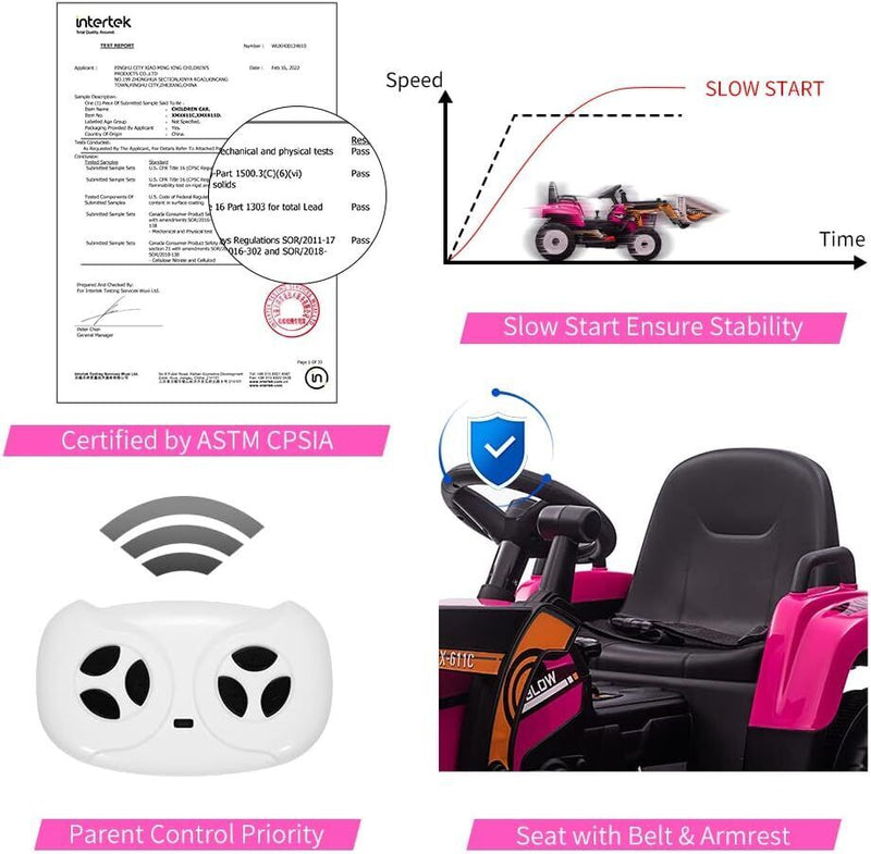 Electric Kids Ride-On Excavator with Remote Control - Rose Red