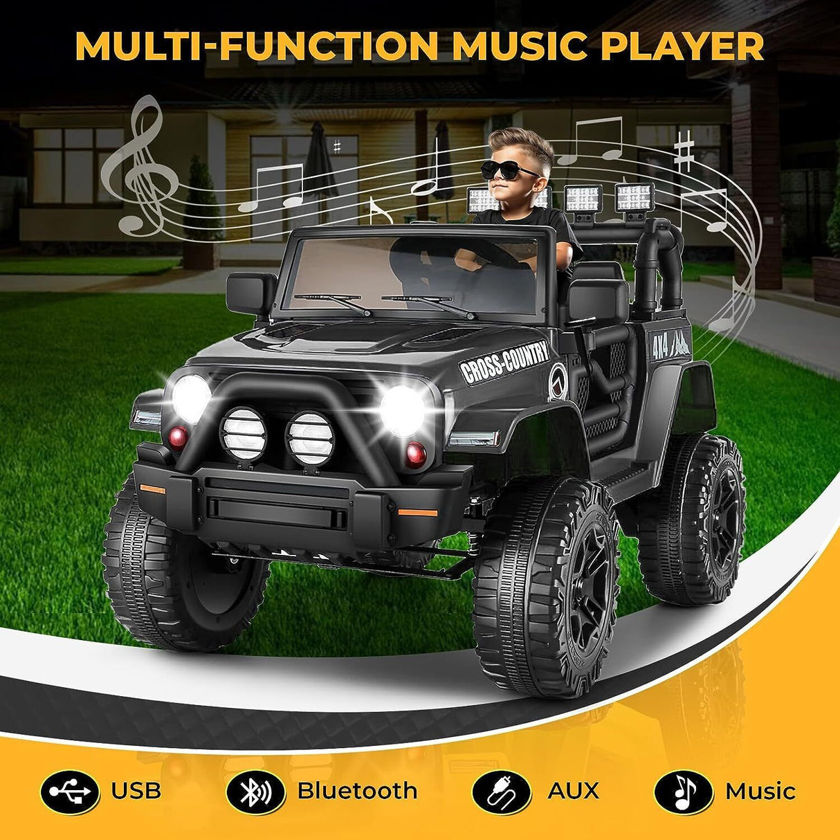 12V Electric Ride-On JEEP Truck for Kids with LED Lights and Remote Control - USB Compatible