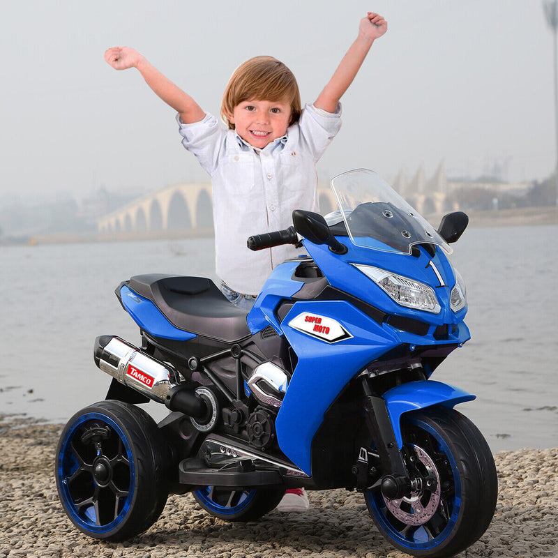 Electric Kids Ride-On Motorcycle with LED Wheels, Music, and Screen - Blue