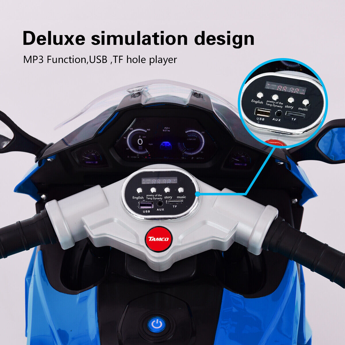 Electric Kids Ride-On Motorcycle with LED Wheels, Music, and Screen - Blue