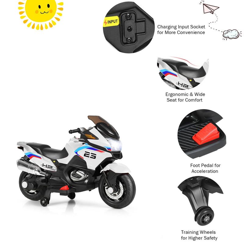 Electric Kids Ride On Motorcycle with Training Wheels - White (12V)