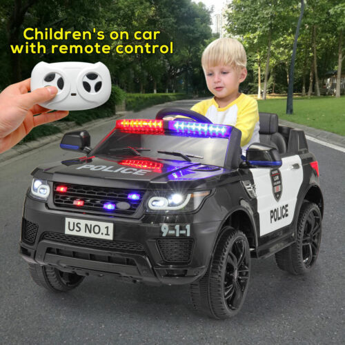 Electric Kids Ride On Police Car with Remote Control, Flashing Lights, and Horn - Black