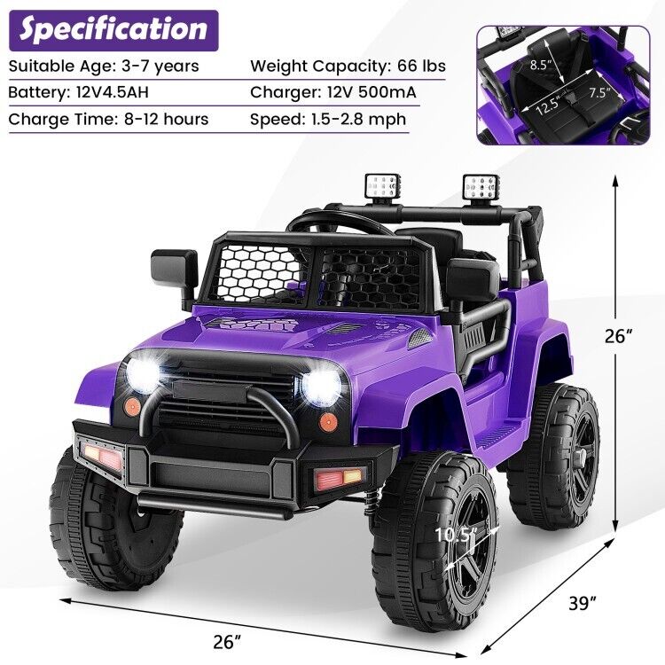 Electric Kids Ride On Truck Car with Remote Control and 3-Speeds - Purple with Headlights