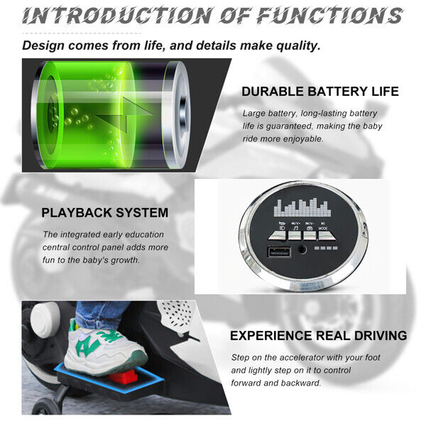 Electric Kids Touring Motorbike with LED Lights - 12V Battery Powered in White