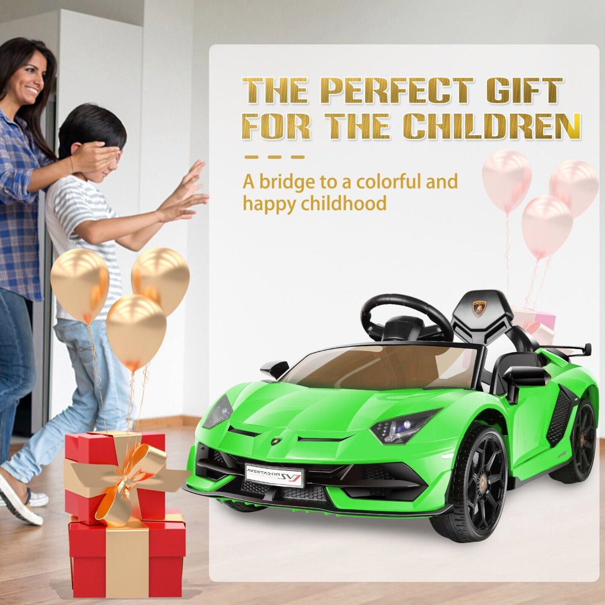 12V Licensed Lamborghini Ride-On Car with 3 Speeds, RC Headlights, and Hydraulic Doors