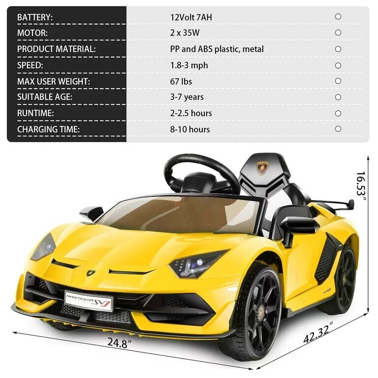 12V Lamborghini Kids Electric Ride On Car with Remote Control, MP3 Player & LED Lights