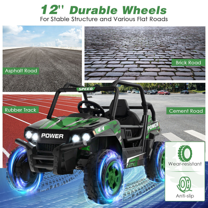 Electric Off-Road UTV Ride-On Truck for Kids with Remote Control, LED Lights, and Music - Green