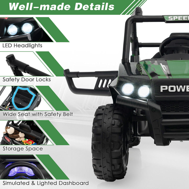 Electric Off-Road UTV Ride-On Truck for Kids with Remote Control, LED Lights, and Music - Green