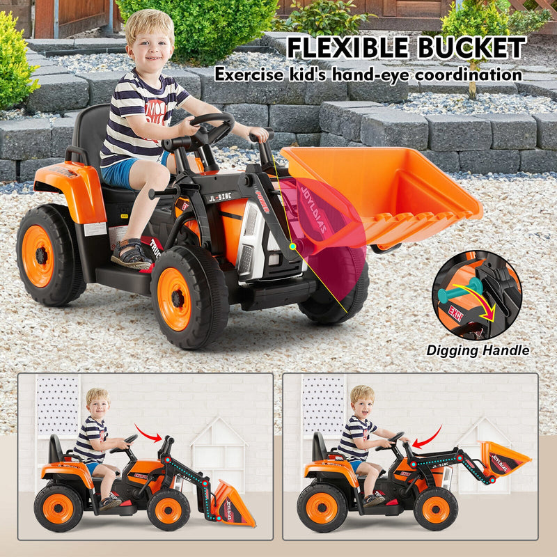 Electric Orange Ride-On Excavator Truck with Music, Lights, and Remote Control - 12V, 3 Speeds