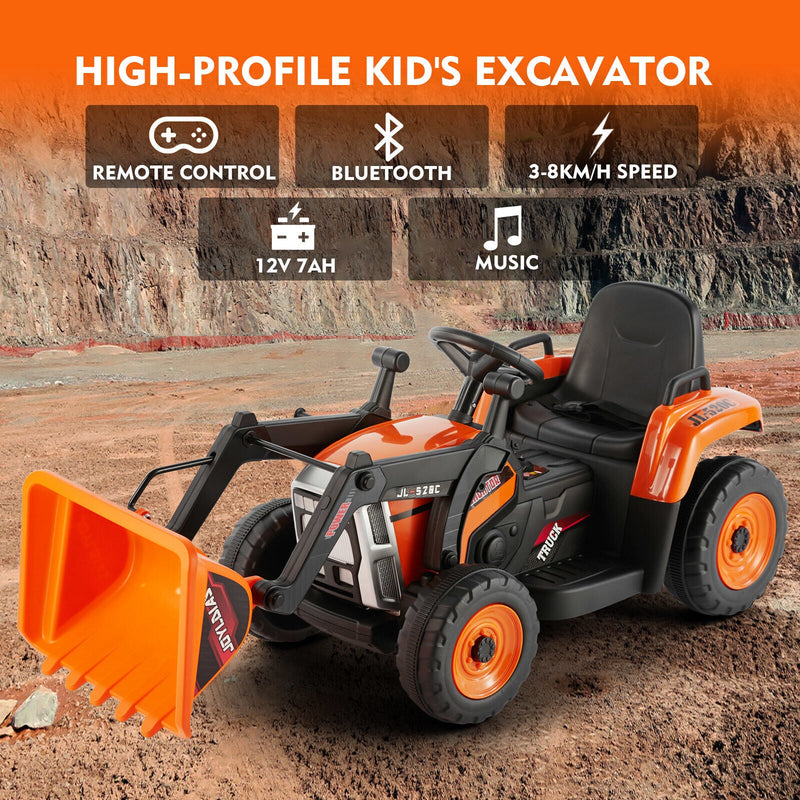 Electric Orange Ride-On Excavator Truck with Music, Lights, and Remote Control - 12V, 3 Speeds