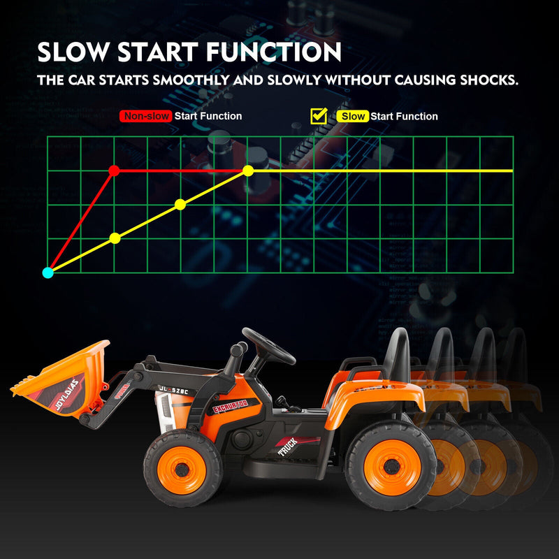 Electric Orange Ride-On Excavator Truck with Music, Lights, and Remote Control - 12V, 3 Speeds