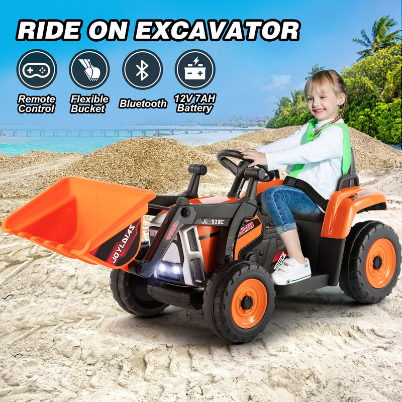 Electric Orange Ride-On Excavator Truck with Music, Lights, and Remote Control - 12V, 3 Speeds