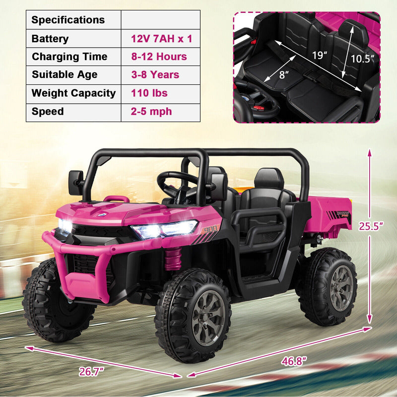 Electric Pink 2 Seater UTV Dump Truck with Remote Control and Functional Dump Bed
