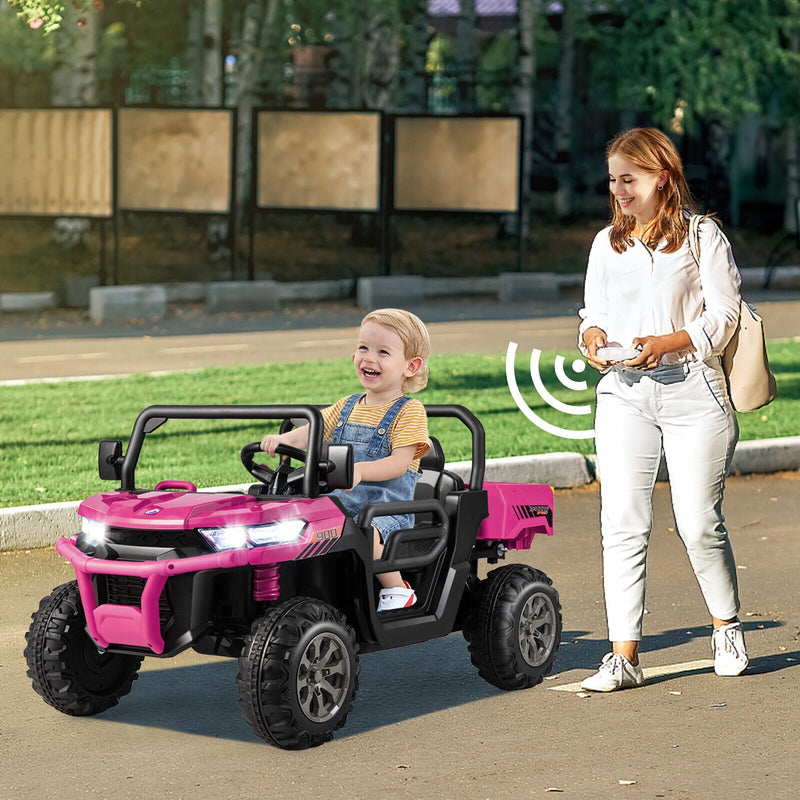 Electric Pink 2 Seater UTV Dump Truck with Remote Control and Functional Dump Bed