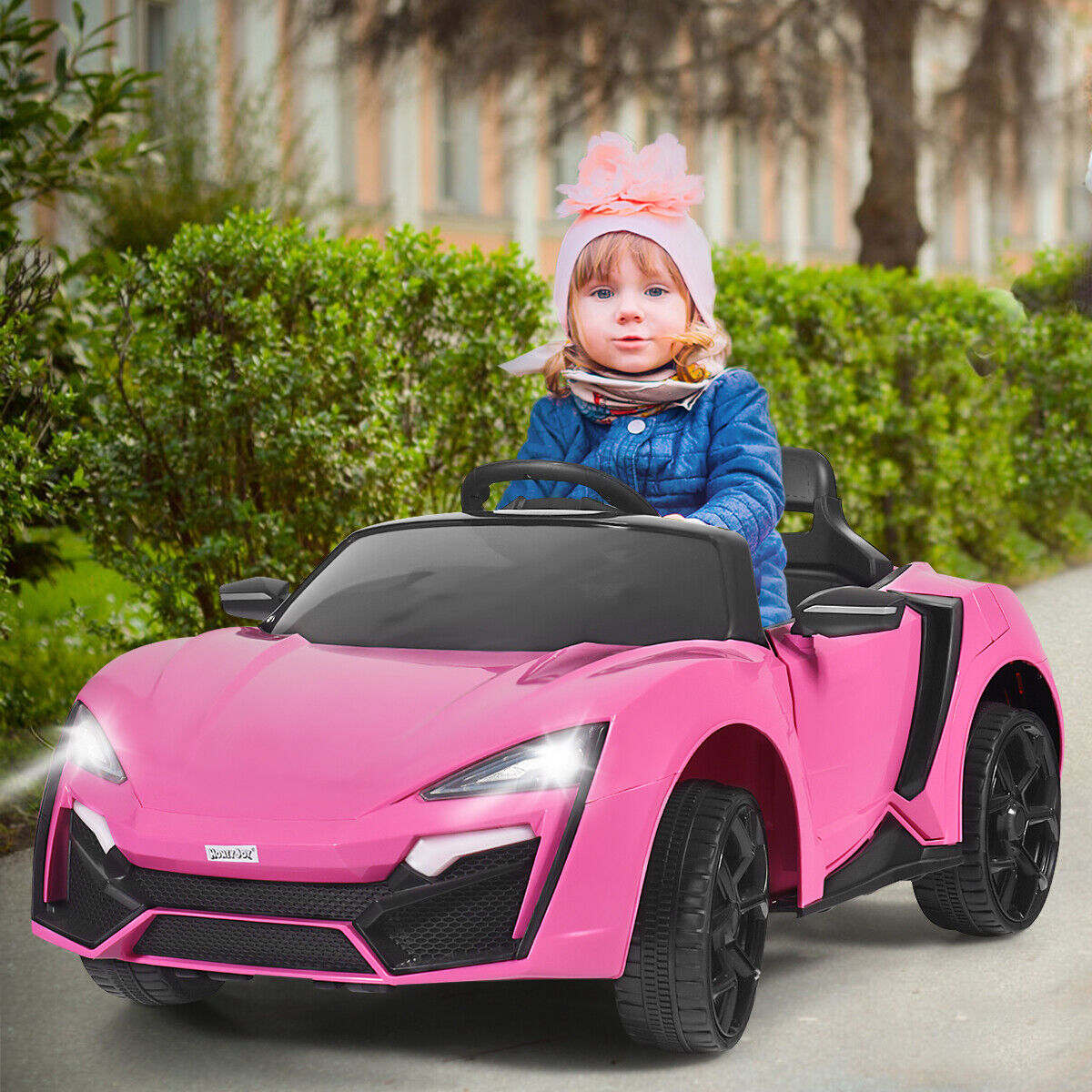 Electric Pink Ride-On Car for Kids with Remote Control, Lights, MP3 Player, and Openable Doors