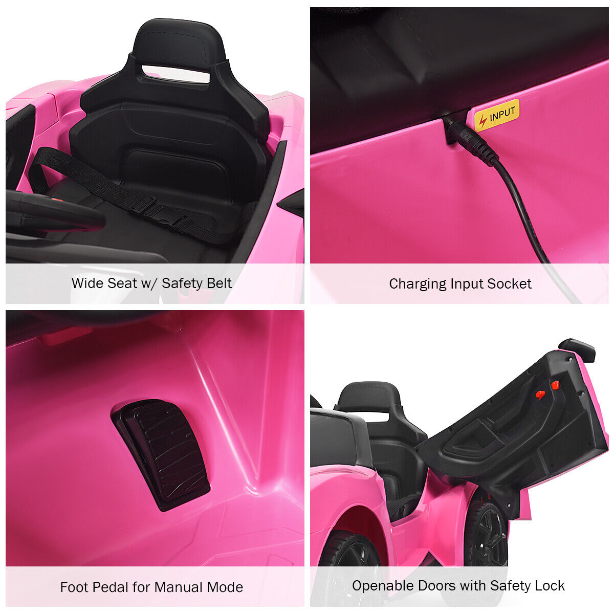 Electric Pink Ride-On Car for Kids with Remote Control, Lights, MP3 Player, and Openable Doors