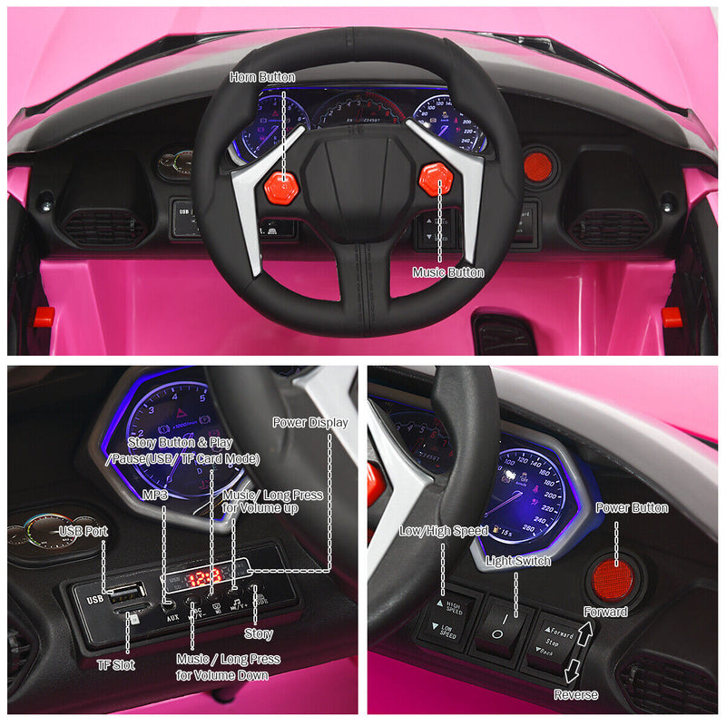 Electric Pink Ride-On Car for Kids with Remote Control, Lights, MP3 Player, and Openable Doors
