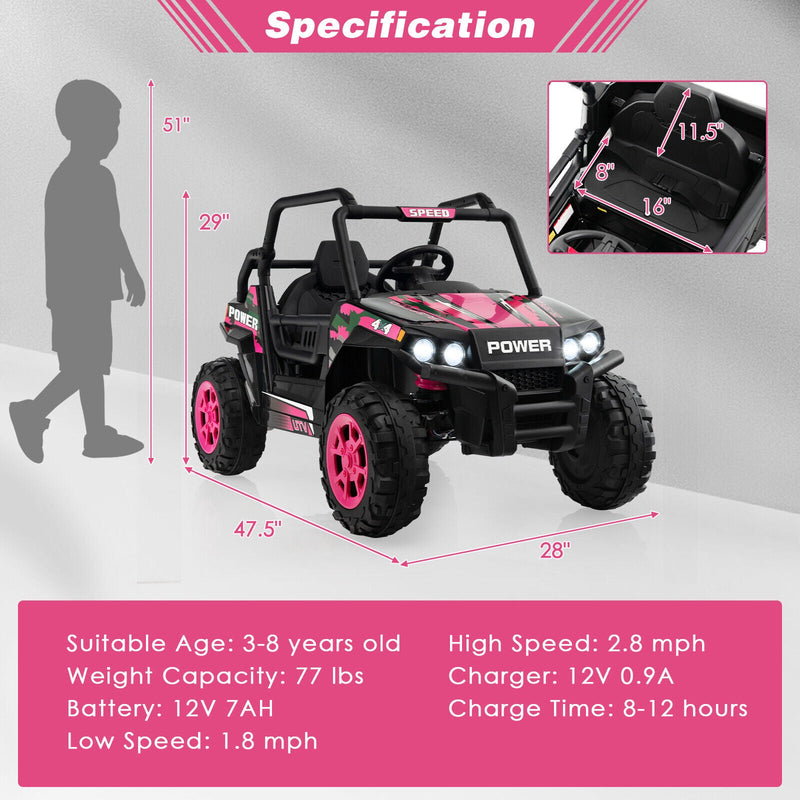 Electric Pink UTV Ride-On Truck for Kids with Remote Control, LED Lights, and Music