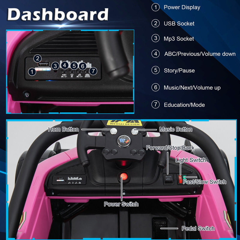 Electric Racing Truck for Kids with 2 Speeds, Remote Control, MP3, and Lights - Pink