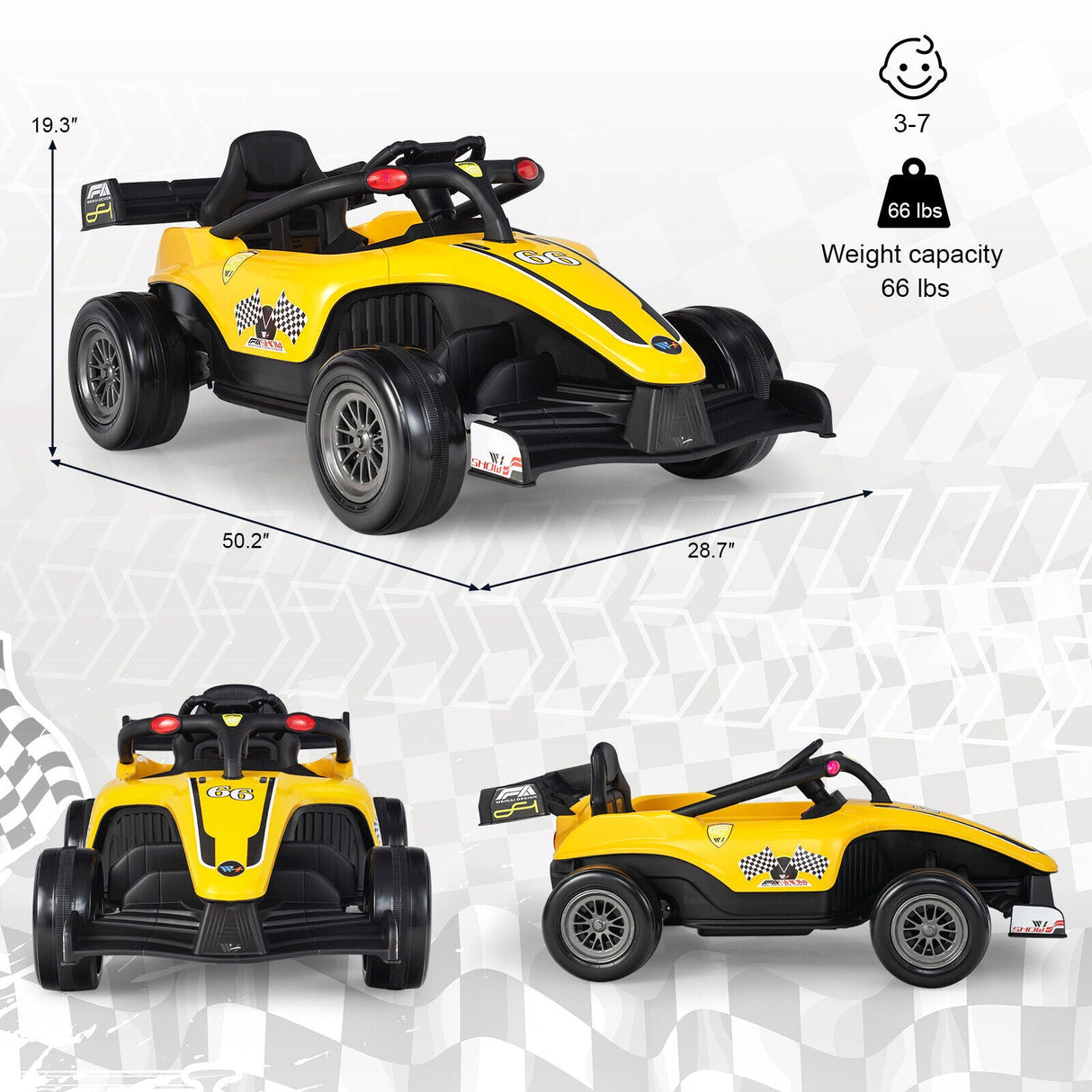 Electric Racing Truck for Kids with 2 Speeds, Remote Control, MP3 Player, and Lights - Yellow