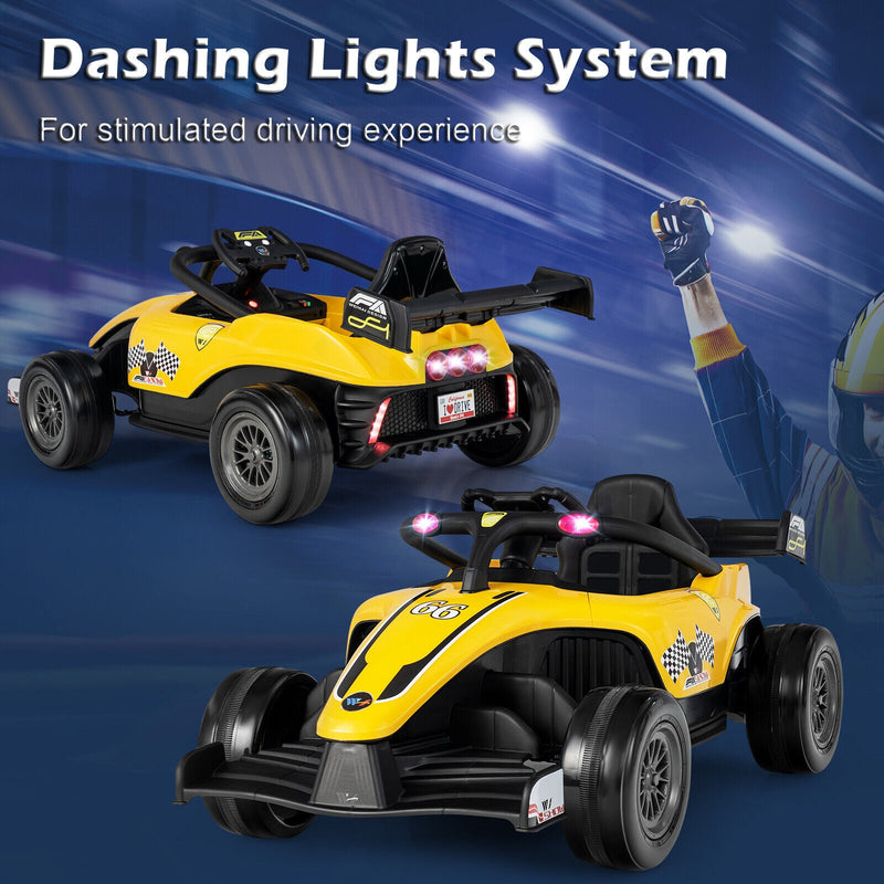 Electric Racing Truck for Kids with 2 Speeds, Remote Control, MP3 Player, and Lights - Yellow