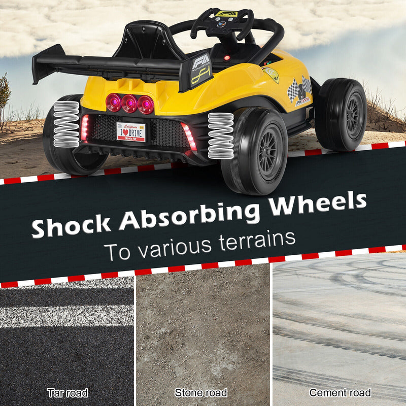 Electric Racing Truck for Kids with 2 Speeds, Remote Control, MP3 Player, and Lights - Yellow