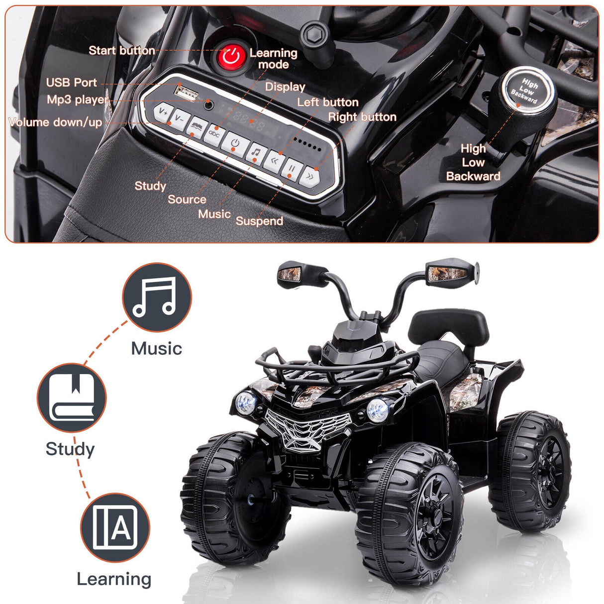 12V Kids Ride On Quad ATV with LED Headlights - Battery Powered Toy for Hours of Fun!