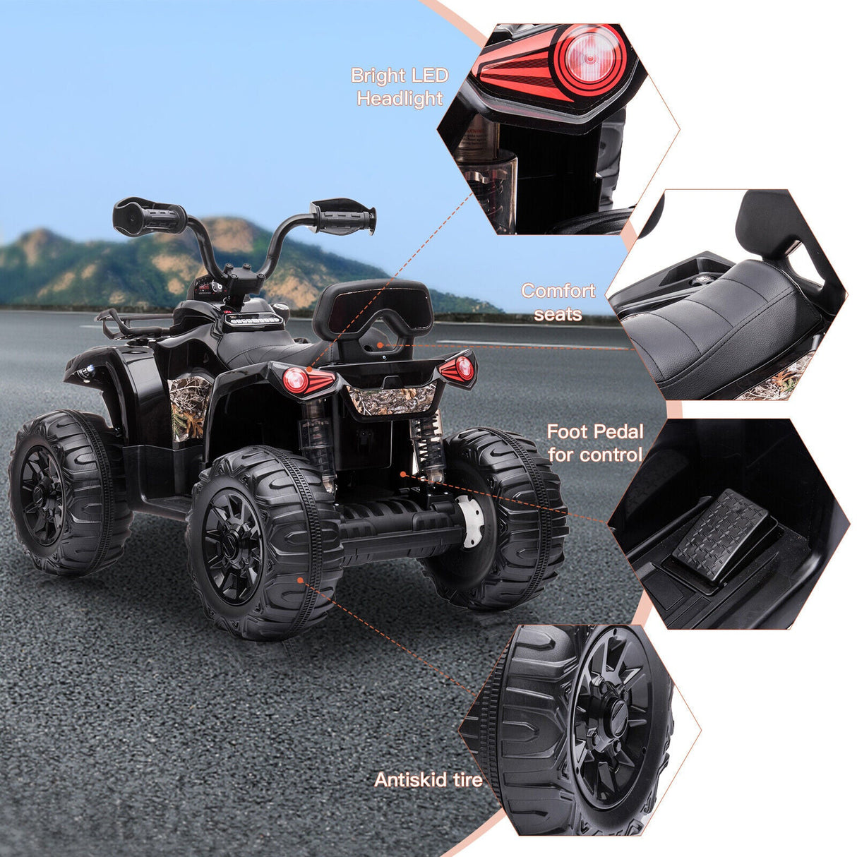 12V Kids Ride On Quad ATV with LED Headlights - Battery Powered Toy for Hours of Fun!