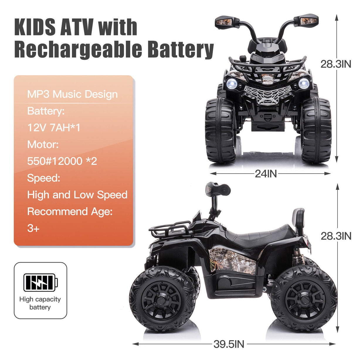 Electric Ride-On ATV Quad for Kids with LED Lights, Music, and USB - 12V