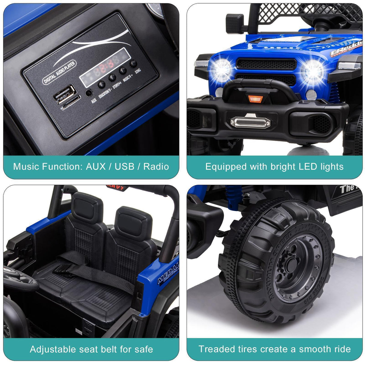 Electric Ride-On Car for Kids with MP3, LED Lights, Remote Control, and Adjustable Seat Belt