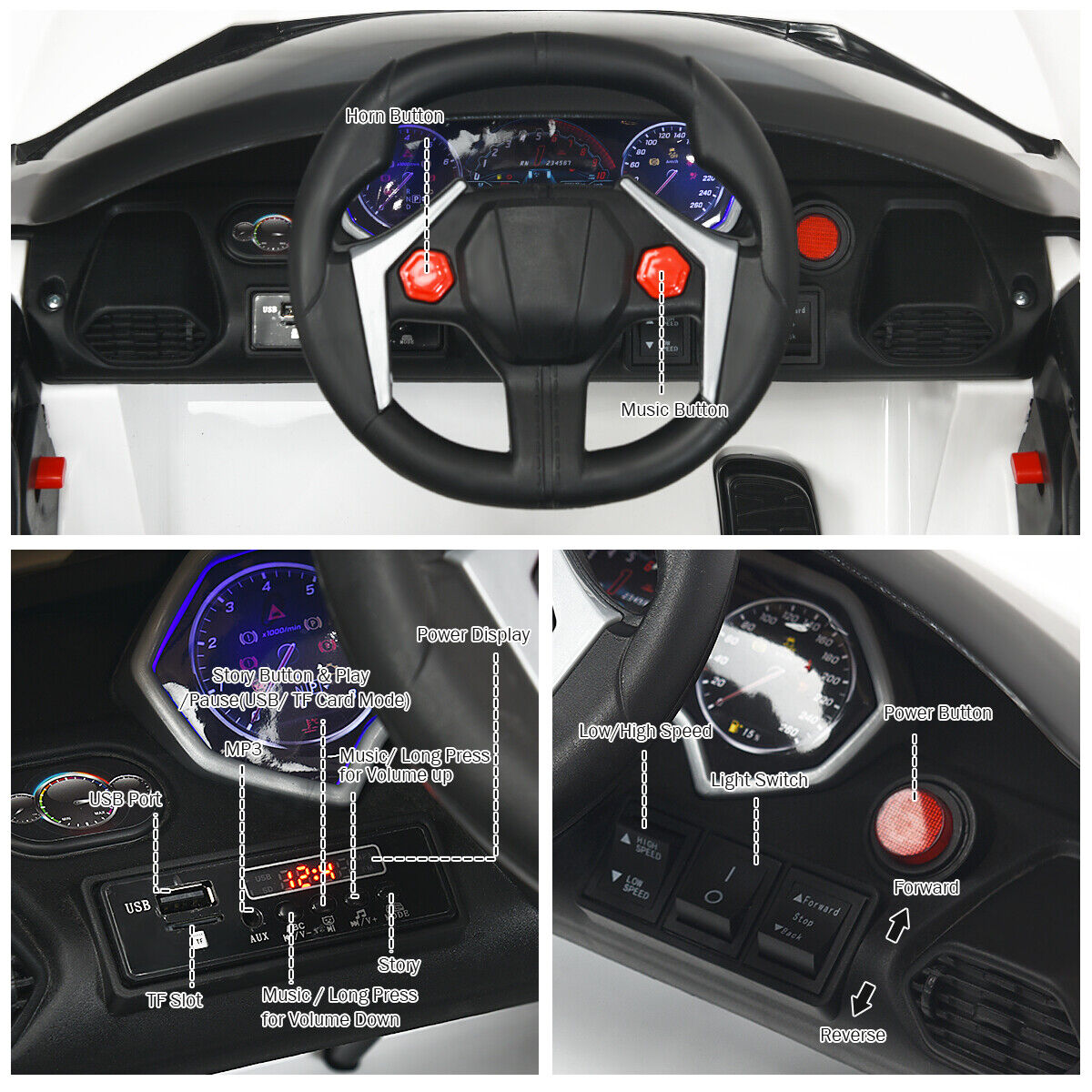 Electric Ride-On Car for Kids with Remote Control, Lights, Music, and Openable Doors - White