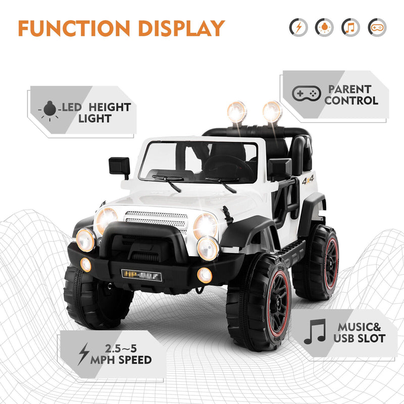 Electric Ride-On Car for Kids with Remote Control, Music Player, LED Lights, and USB Port - White