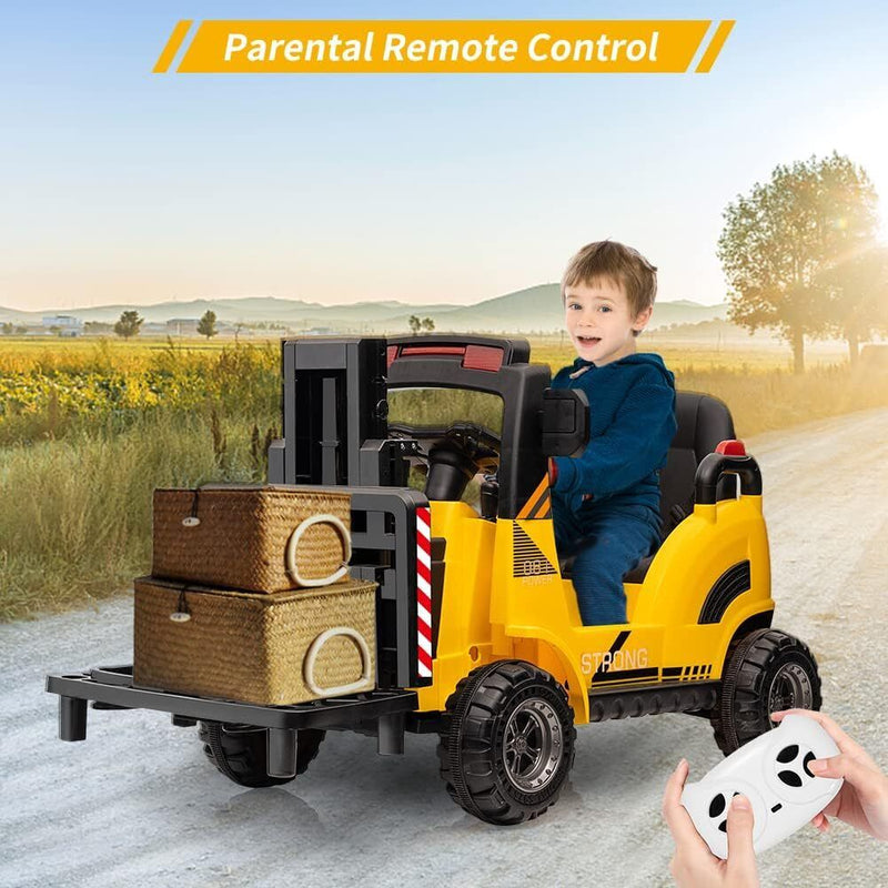 Electric Ride-On Construction Forklift with Remote Control and Built-In Music - 12V