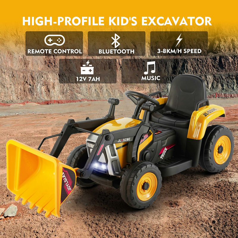 Electric Ride-On Excavator Digger with Bluetooth Music and Remote Control - 3 Speeds, Yellow