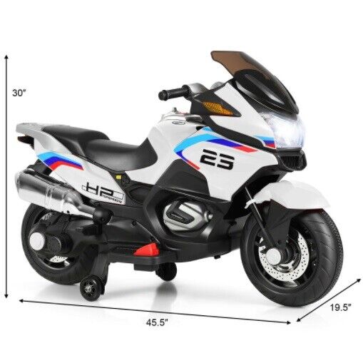 Electric Ride-On Motorcycle for Kids with Training Wheels and Lights - White