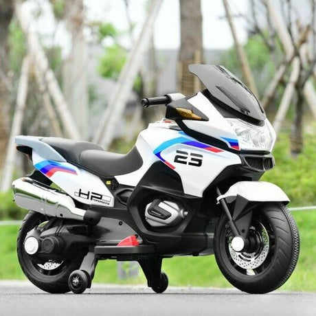 Electric Ride-On Motorcycle for Kids with Training Wheels and Lights - White