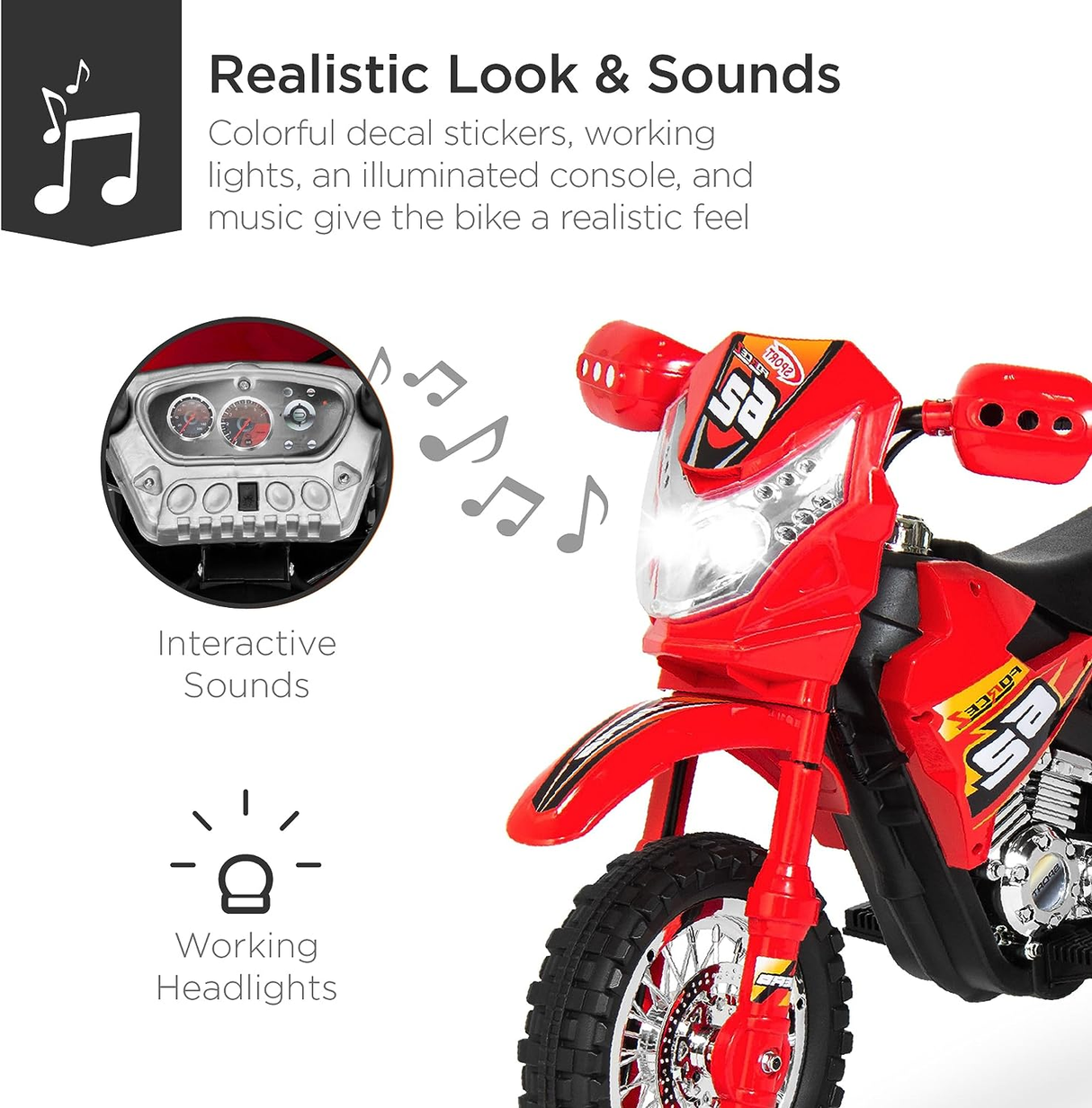 Electric Ride-On Motorcycle with Headlights, Training Wheels, and Treaded Tires - 2mph Top Speed