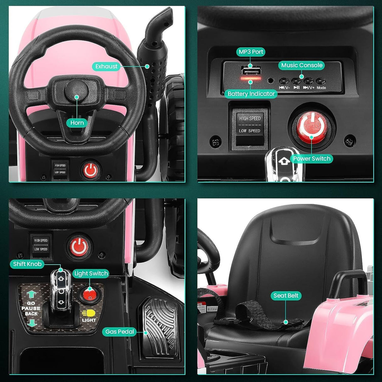 Electric Ride-On Tractor for Kids with Remote Control, LED Lights, and Music Player