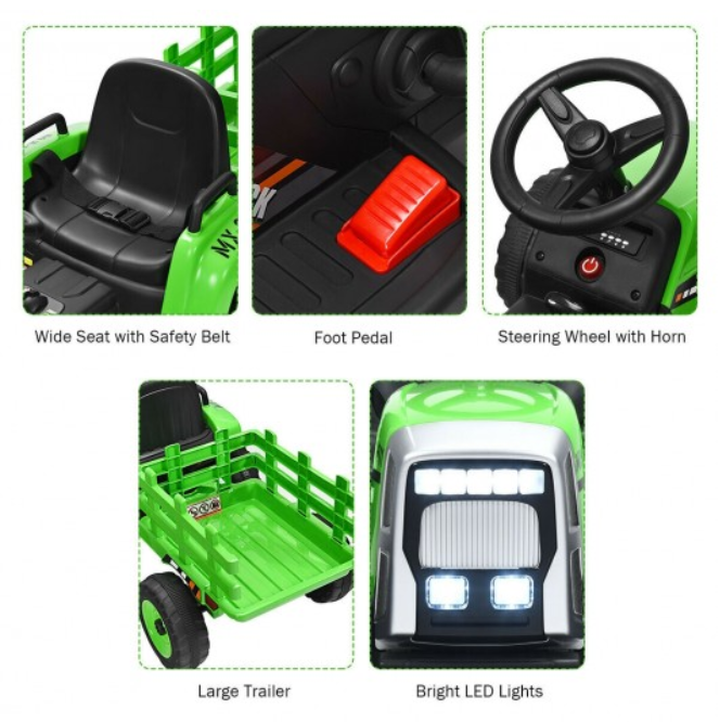 Electric Ride-On Tractor for Kids with Remote Control, Detachable Trailer, Lights, and MP3 Music