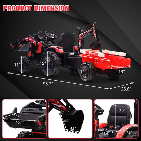 Electric Ride-On Tractor with Excavator, Bulldozer, and Trailer for Kids (24V)