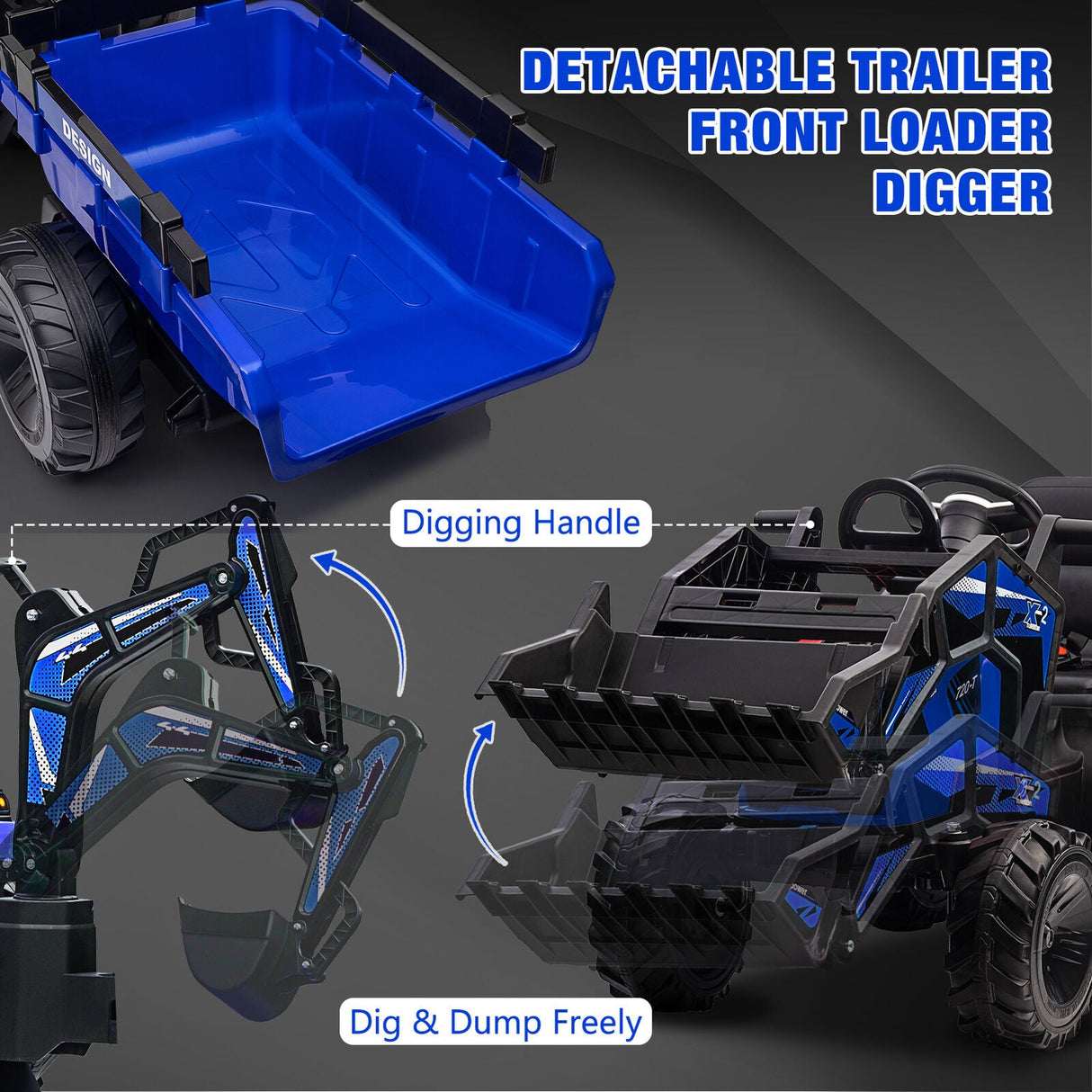 Electric Ride-On Tractor with Excavator, Bulldozer, and Trailer for Kids (24V)