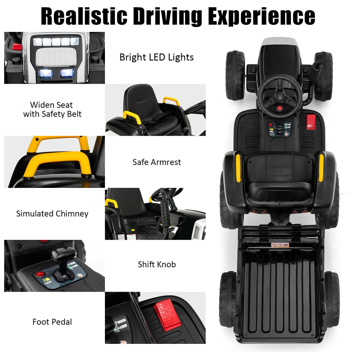 Electric Ride-On Tractor with Trailer and Remote Control - Black