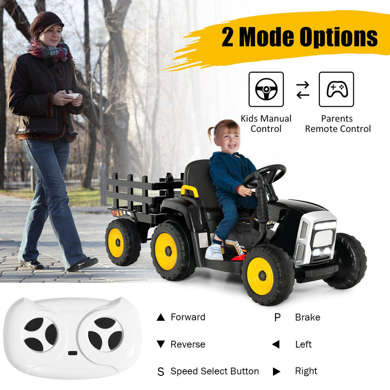 Electric Ride-On Tractor with Trailer and Remote Control - Black
