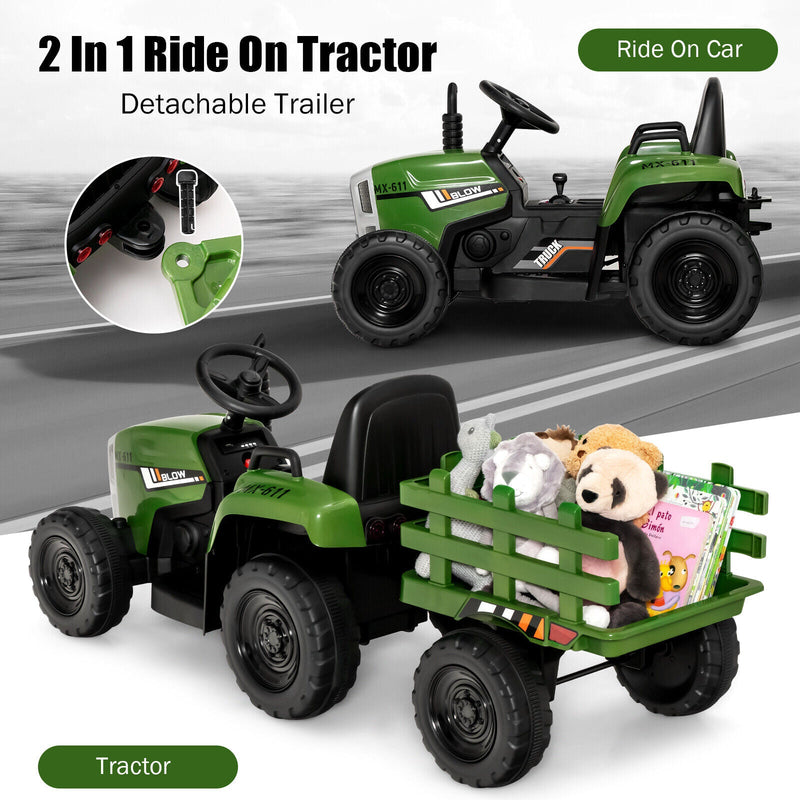 Electric Ride-On Tractor with Trailer and Remote Control - Dark Green with Lights