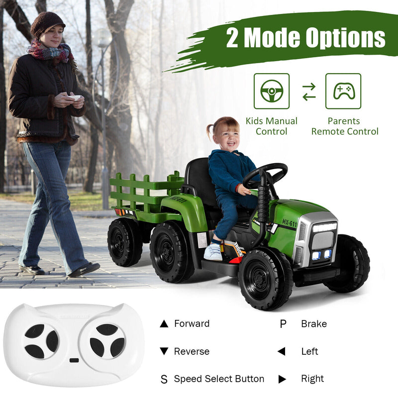 Electric Ride-On Tractor with Trailer and Remote Control - Dark Green with Lights