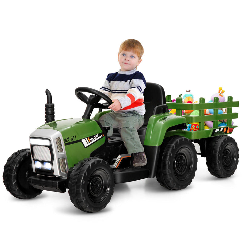 Electric Ride-On Tractor with Trailer and Remote Control - Dark Green with Lights