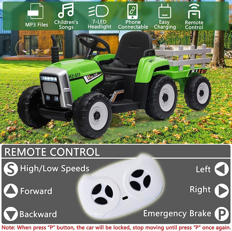 Electric Ride-On Tractor with Trailer and Remote Control for Kids - 12V Vehicle Toy