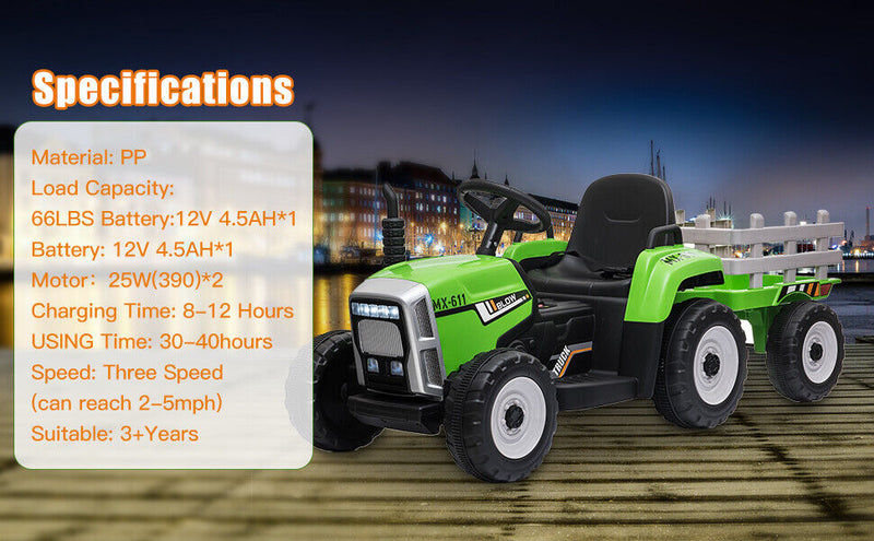 Electric Ride-On Tractor with Trailer and Remote Control for Kids - 12V Vehicle Toy